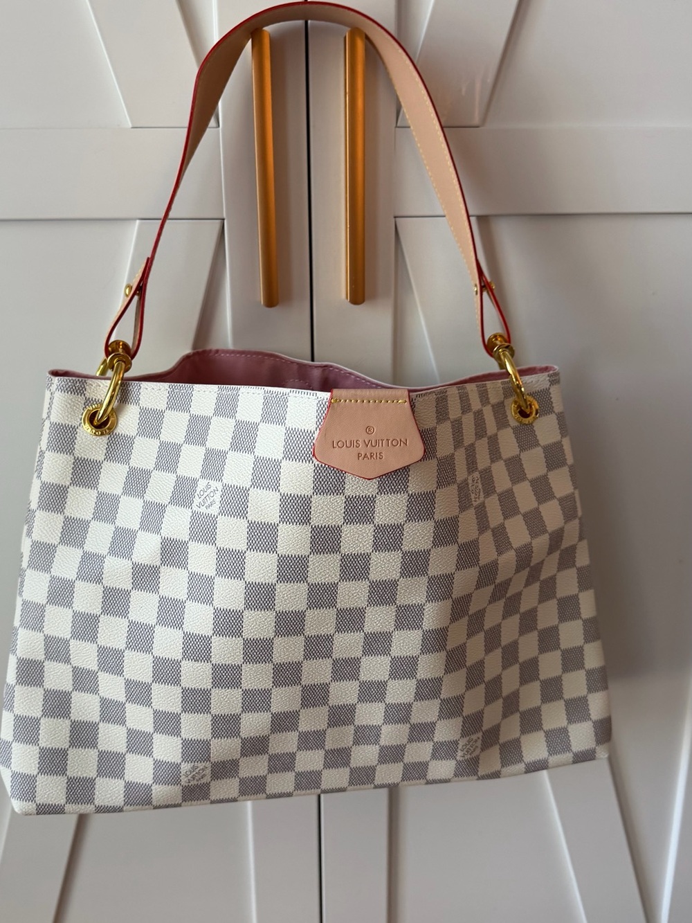 Louis Vuitton Damier Azur Shoulder Bag with Pink Trim and Red Edge